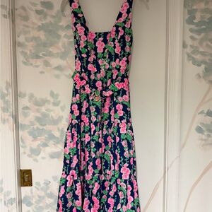 Lilly Pulitzer Floral Midi Dress - Pink and Green on Navy